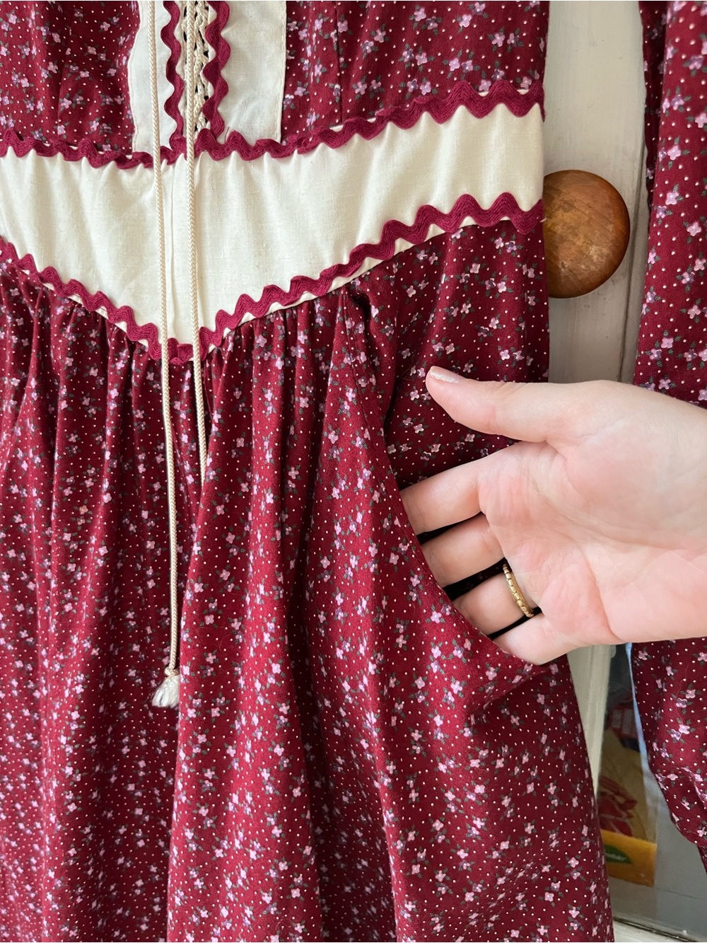 Vintage 70s Gunne Sax Cottagecore Burgundy Red Floral Corset Midi Dress XS - Picture 9 of 16